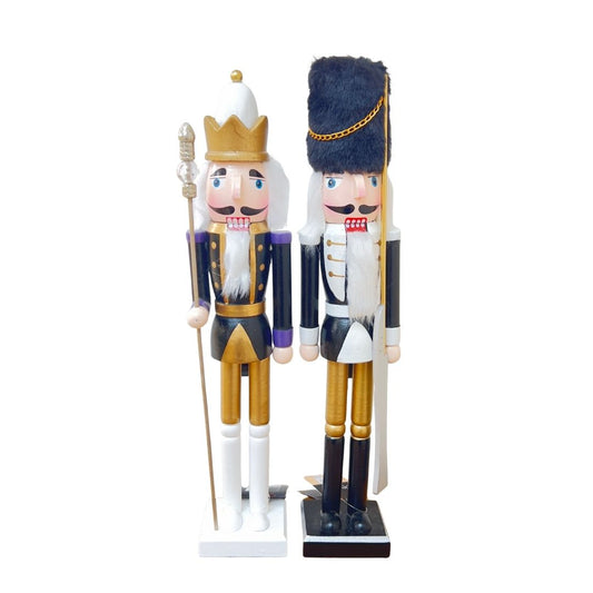 Elegant black and gold nutcracker soldiers with regal white details.