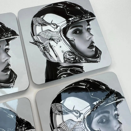 Set of coasters with a reflective design of a person wearing a helmet.