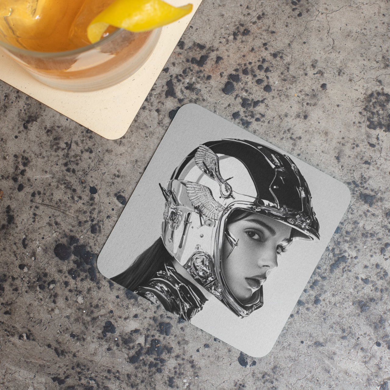 Coaster with a design of a person wearing a helmet on a textured surface.