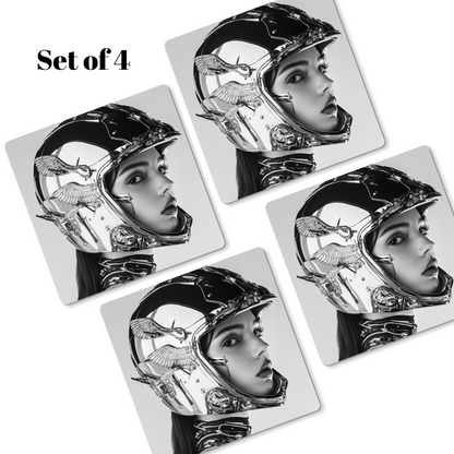 Set of four coasters with a design of a person wearing a helmet on a white background.