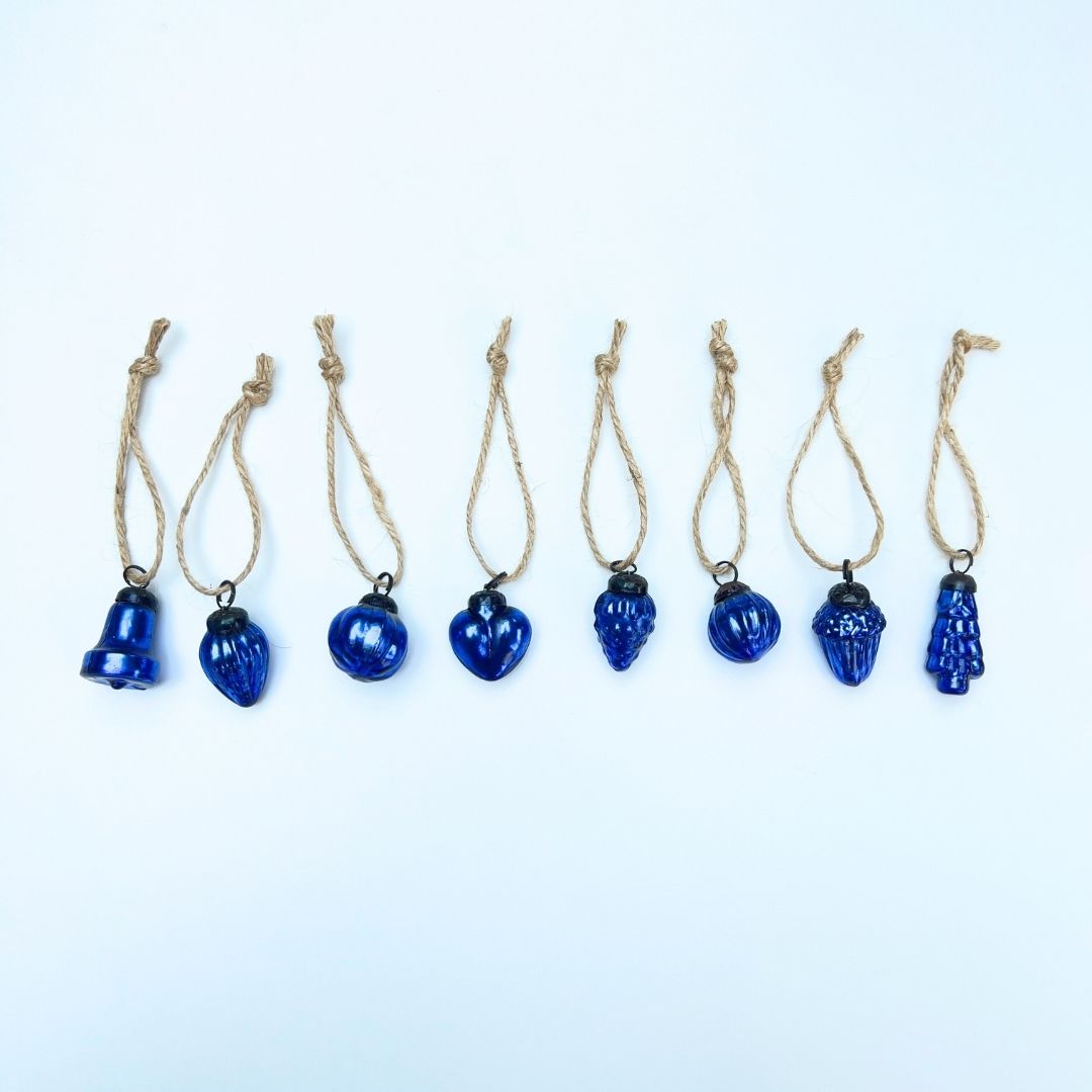 Set of blue glass mini Christmas baubles with jute strings 