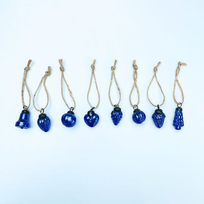 Set of blue glass mini Christmas baubles with jute strings 