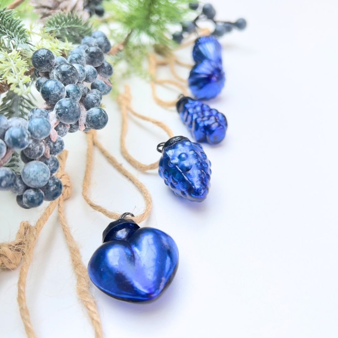 Blue glass mini Christmas Baubles with jute string and Christmas garland