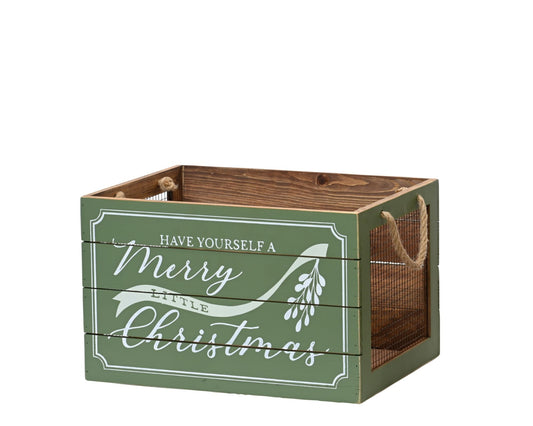 Wooden Christmas Crate with Festive Print — Natural Finish